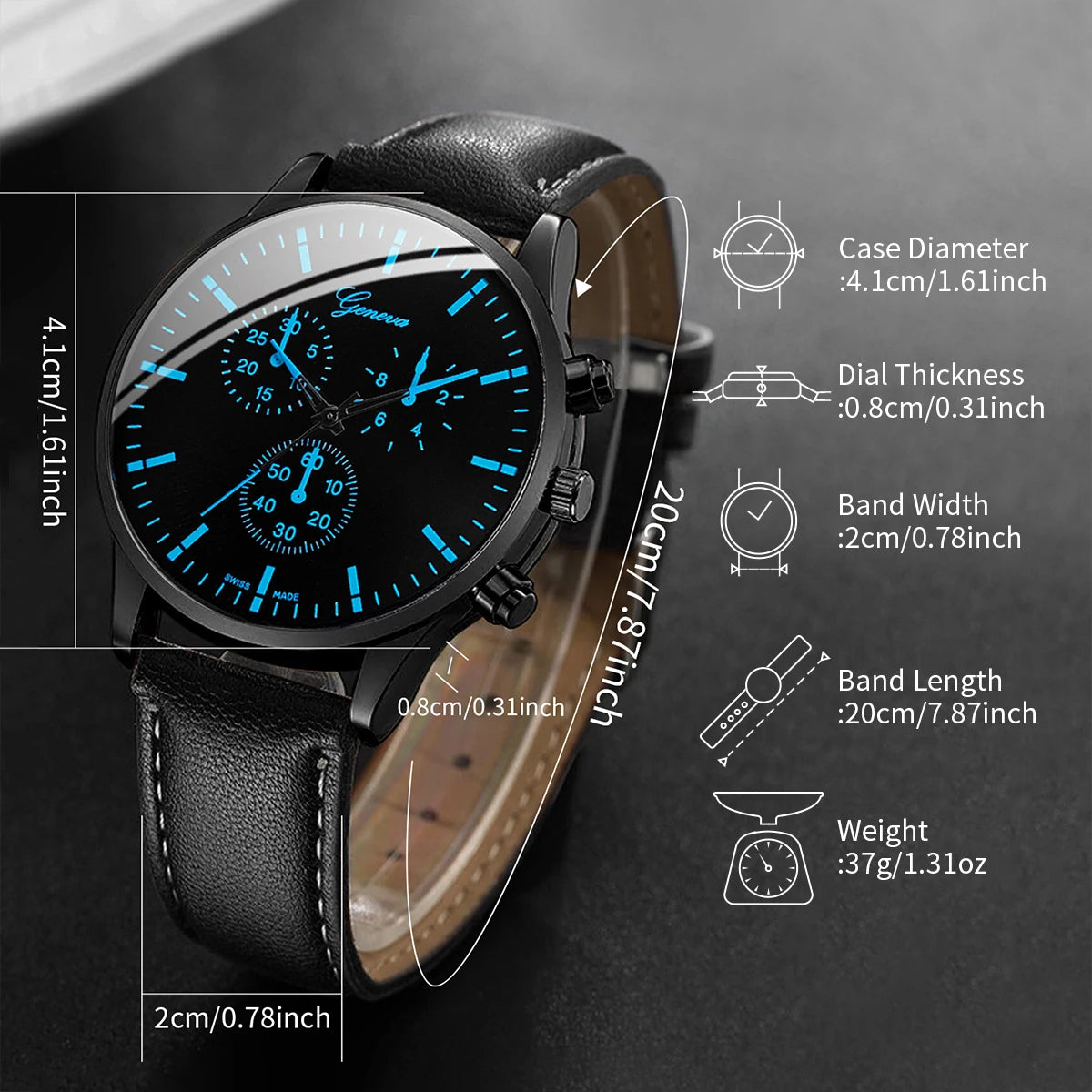 Black wristwatch with detailed specifications on a dark background