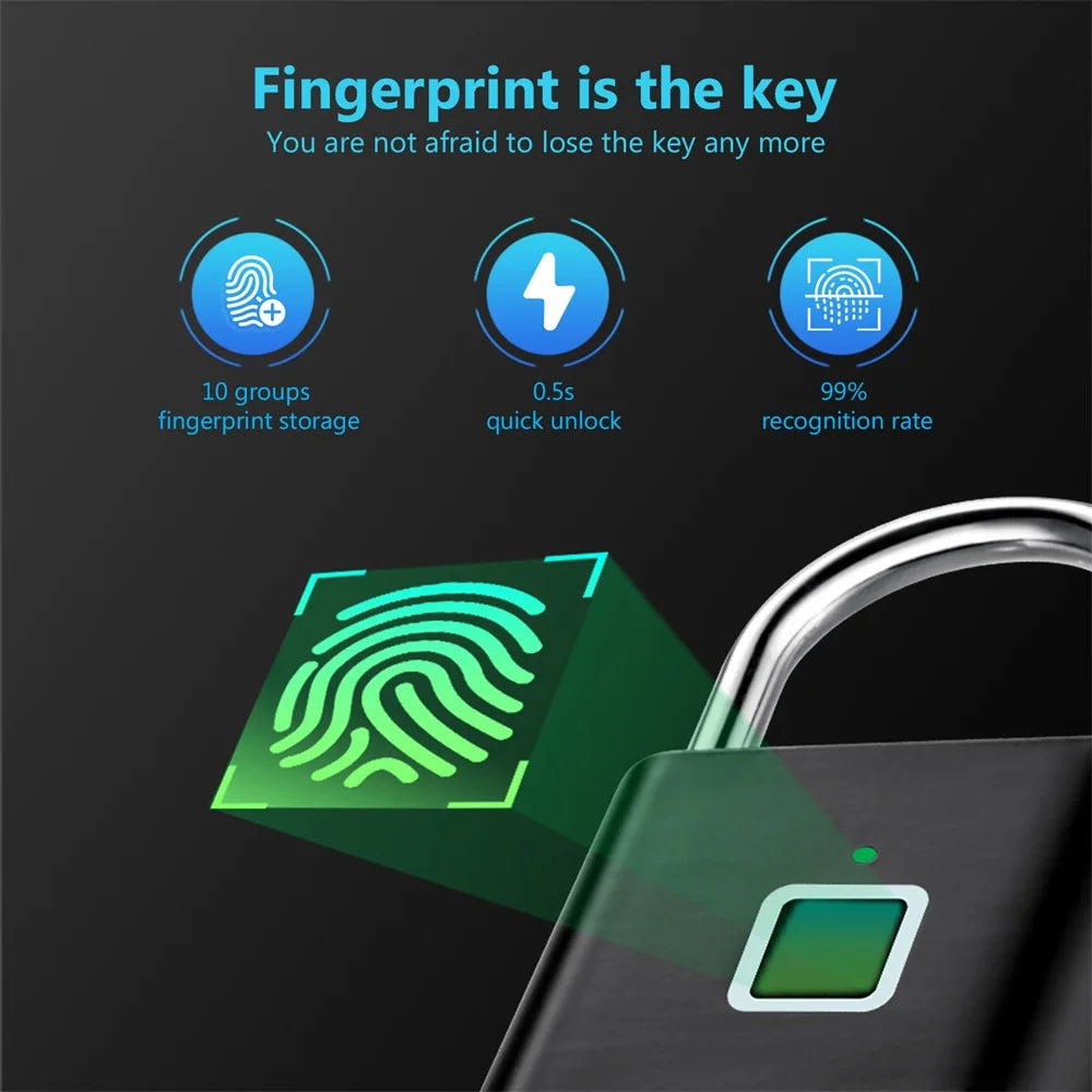 Fingerprint lock with digital fingerprint scanning and security features on a dark background