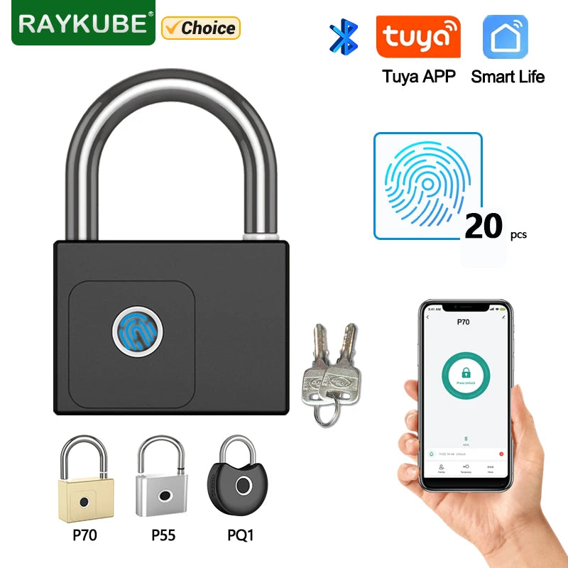 Smart lock with Tuya app and Raykube branding on a white background