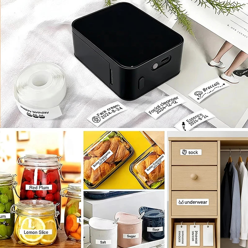 Black label printer with various labeled items including jars, food containers, and clothing.