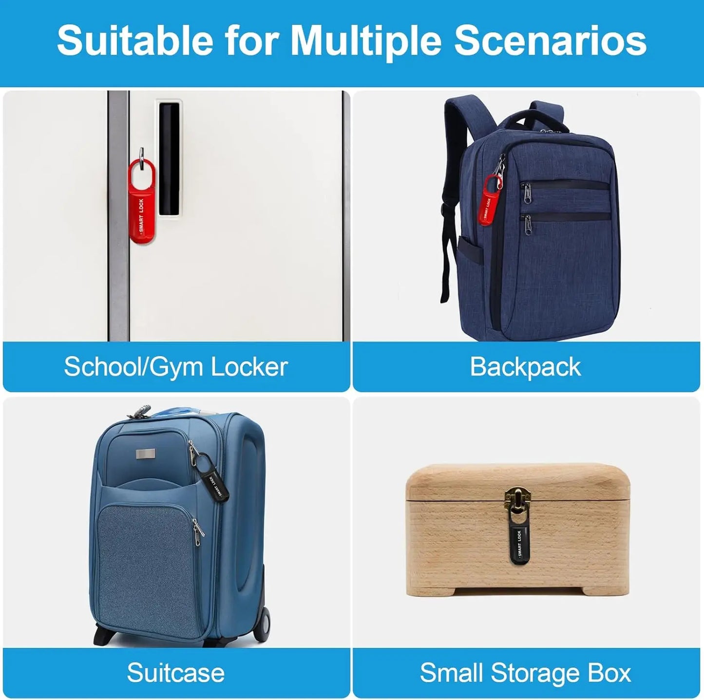 Product suitable for multiple scenarios including school/gym locker, backpack, suitcase, and small storage box.