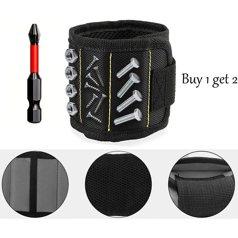 Black tool belt with screws and a drill bit on a white background