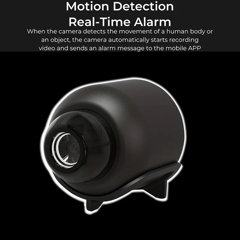 Black security camera with motion detection and real-time alarm features on a black background