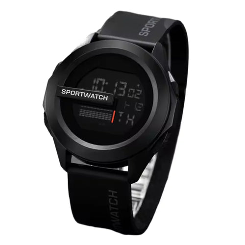 Black digital sports watch on a white background