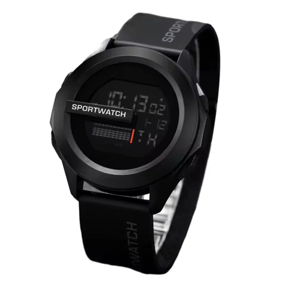 Black digital sports watch on a white background