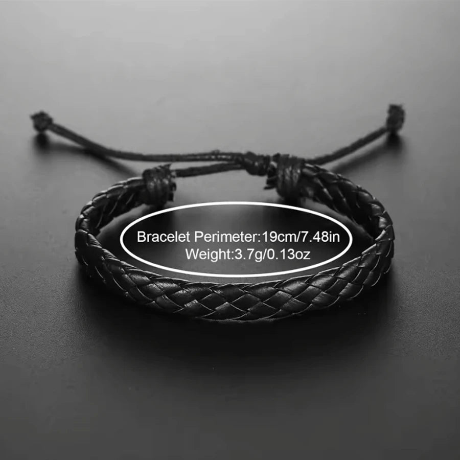 Black braided leather bracelet on a dark surface with size and weight information displayed.