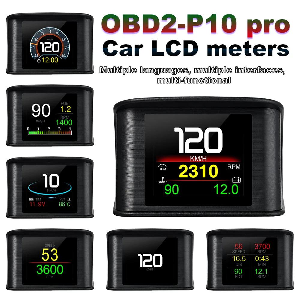 Collection of car LCD meters with digital displays on a white background