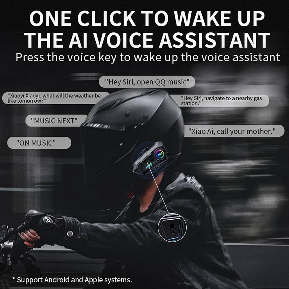 Person wearing a helmet with an AI voice assistant device, showing text prompts and system support.