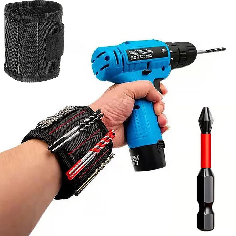 Blue cordless drill held by a hand with wrist strap and drill bits on a white background