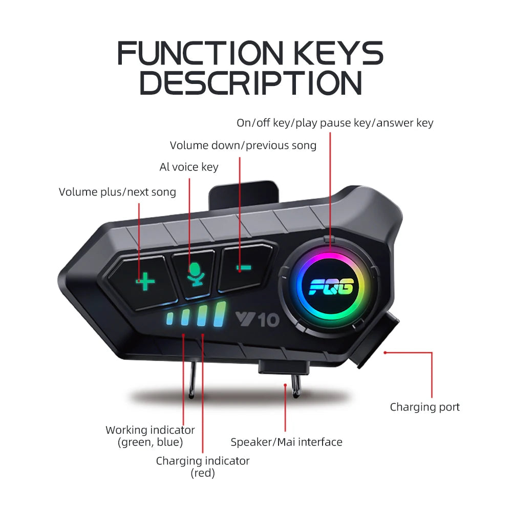 Motorcycle helmet intercom with labeled function keys on a white background