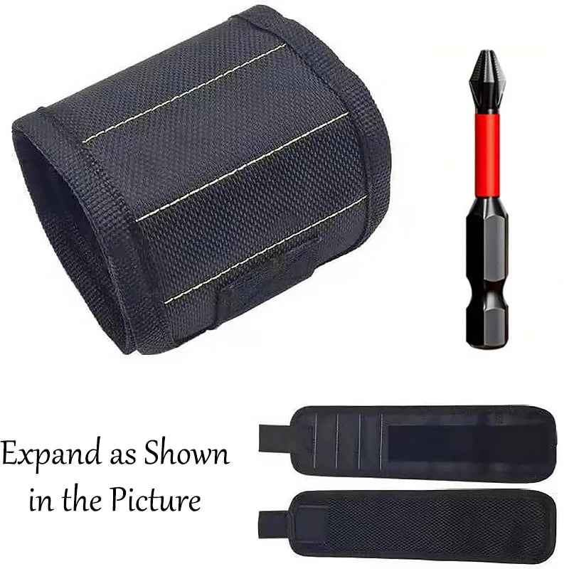 Black wrist support brace with a drill bit and additional straps on a white background