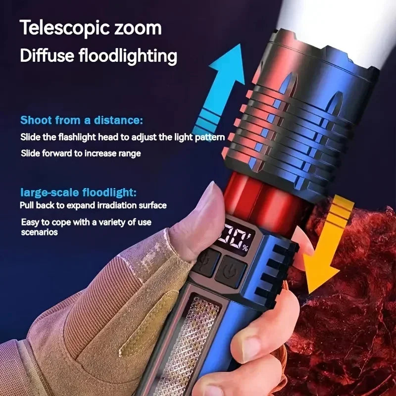 Handheld flashlight with telescopic zoom and diffuse floodlighting features, held by a person wearing gloves.
