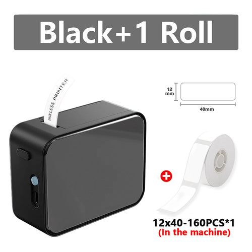 Black wireless printer with a roll of white label tape on a white background