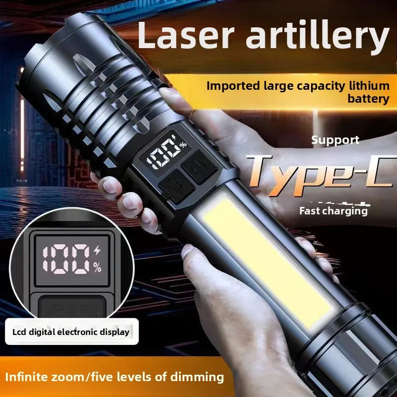Hand holding a flashlight with digital display and text highlighting features like laser artillery, large capacity lithium battery, Type-C fast charging, LCD digital electronic display, infinite zoom, and five levels of dimming.