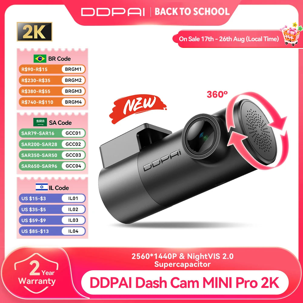 DDPAI Dash Cam Mini Pro 2K promotional graphic showing the black dash cam with a 360-degree rotation arrow graphic, sale date, warranty badge, and a list of country-specific pricing codes on a pink and white background.