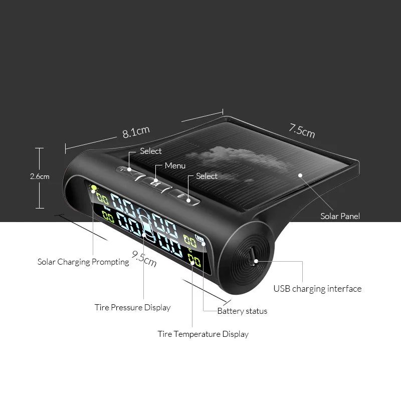 Car dashboard monitor with solar panel and various display features on a white background
