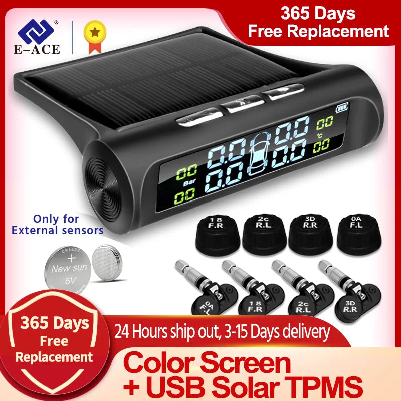 TPMS with solar panel and digital display on a promotional background