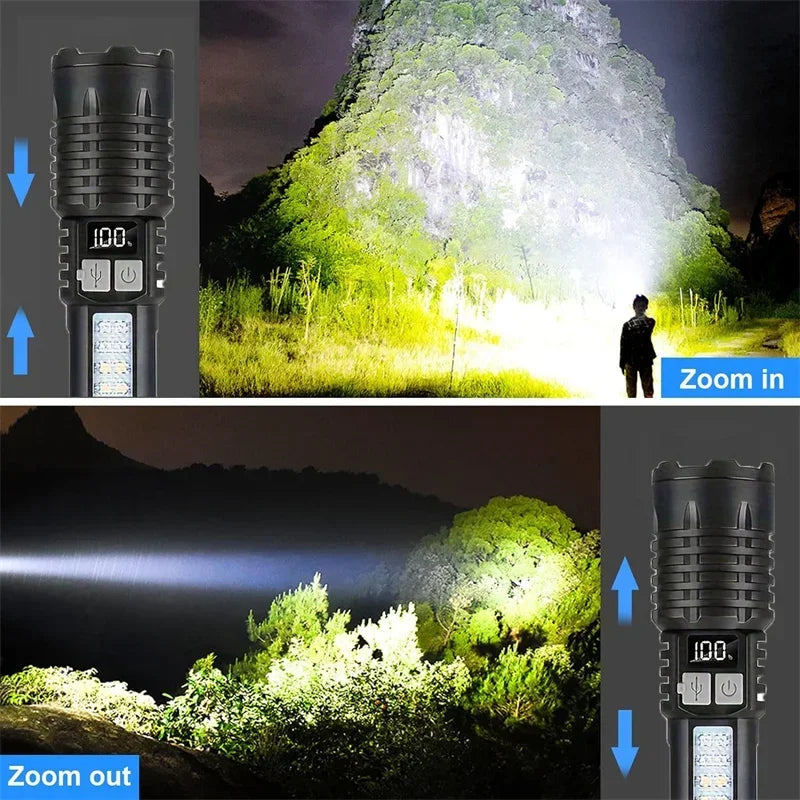 Flashlight with zoom function shown in use during a night hike.