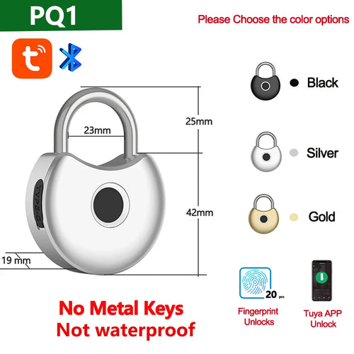 Smart lock with dimensions and color options displayed on a white background