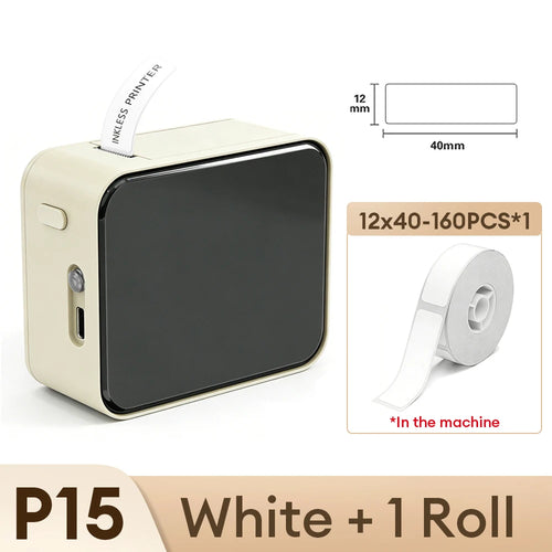 Wireless printer with label roll and dimensions on a white background