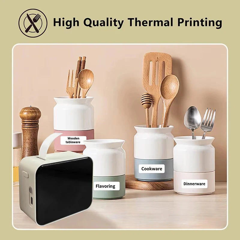 Set of kitchen utensils in containers with a thermal printer displaying 'High Quality Thermal Printing'.