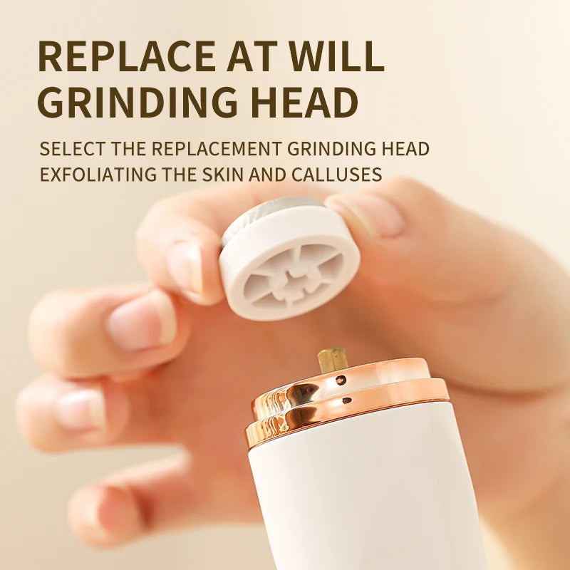 Hand holding a white and gold grooming tool with text about replacing grinding heads.
