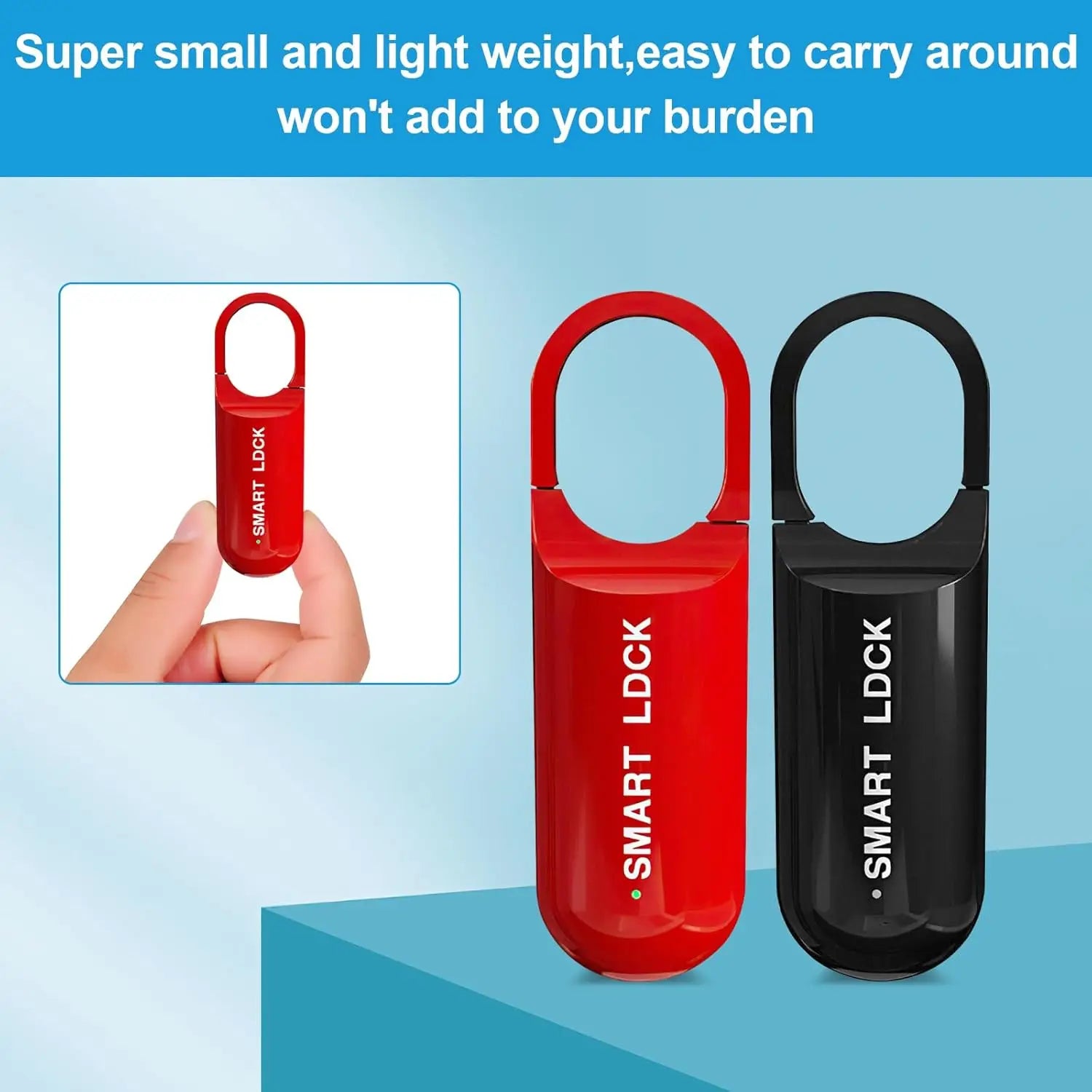 Two keychain locks, one red and one black, with 'SMART LDCK' branding on a blue background.