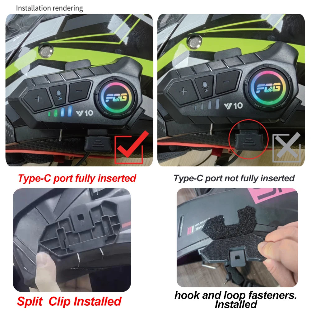 Instructions for installing a motorcycle helmet with a communication device, showing correct and incorrect insertion of Type-C port.