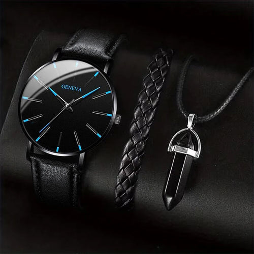 Black Geneva watch and necklace with pendant on a dark background