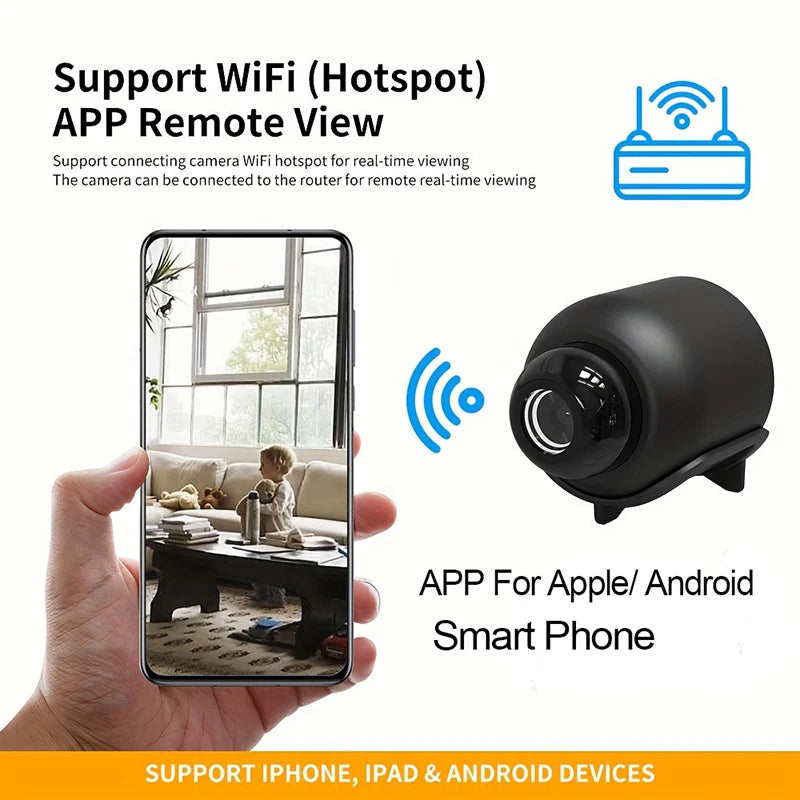 Smart home security camera with smartphone app for remote viewing, featuring a hand holding a phone displaying a live view.