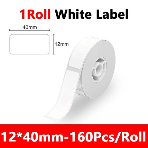 A roll of white adhesive labels with dimensions shown in the graphic: 40mm by 12mm. Text at the top reads '1 Roll White Label' and a red banner at the bottom reads '12*40mm-160Pcs/Roll'.