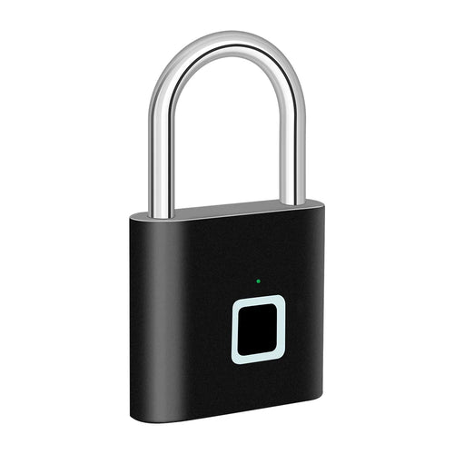 A modern black biometric padlock with a silver-colored metal shackle and a square fingerprint scanner cutout on the front, isolated on a white background.
