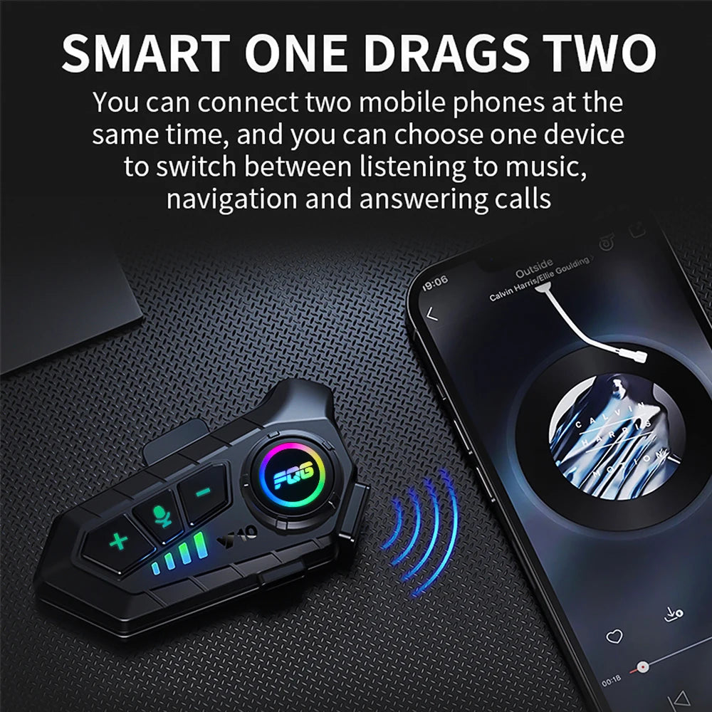 Bluetooth headset with smartphone on a dark textured surface, showcasing dual-device connectivity feature.