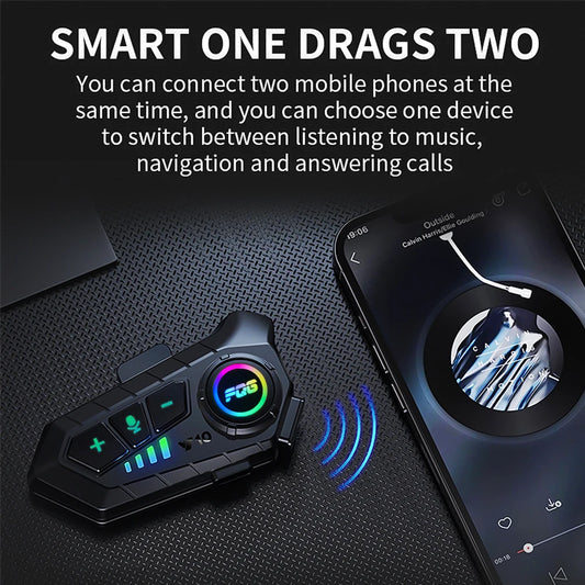 Bluetooth headset with smartphone on a dark textured surface, showcasing dual-device connectivity feature.