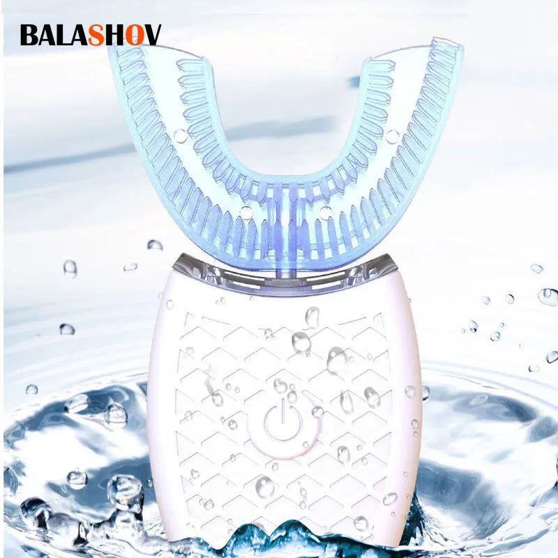 U-shaped toothbrush with water droplets around it, featuring the brand 'BALASHOV'.