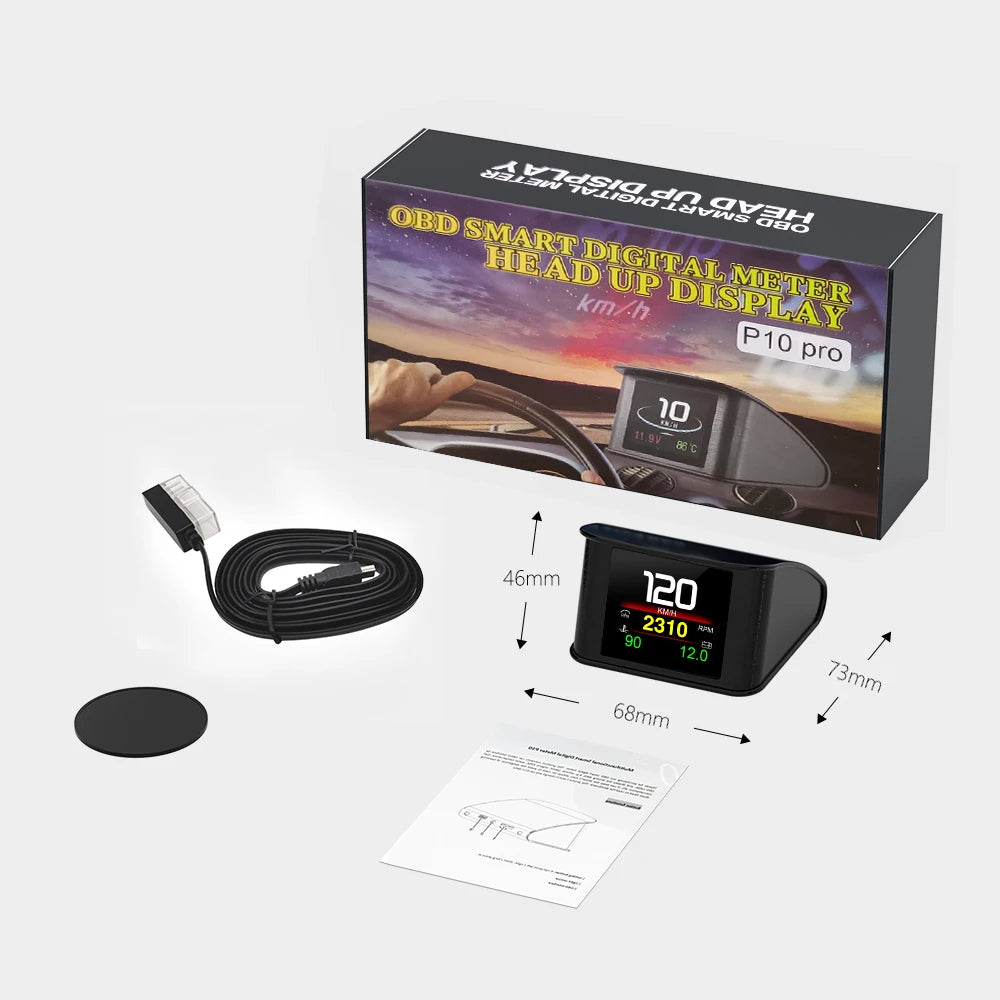 OBD smart digital meter head up display with packaging, cable, and instructions on a white background