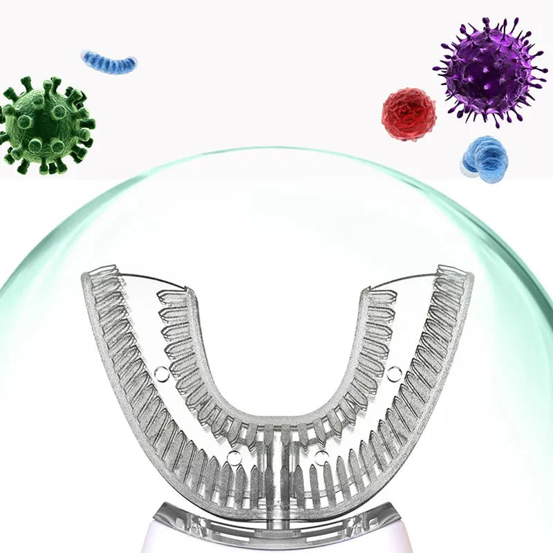 U-shaped dental device with cartoon viruses on a white background