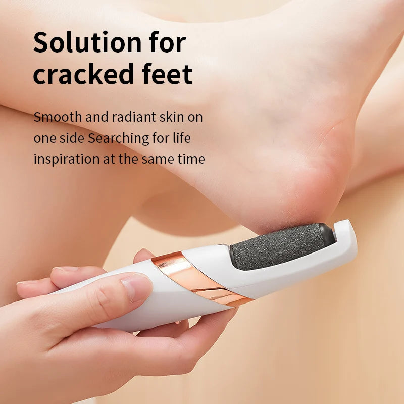 Person using a foot scrubber on cracked skin with text about cracked feet solution.