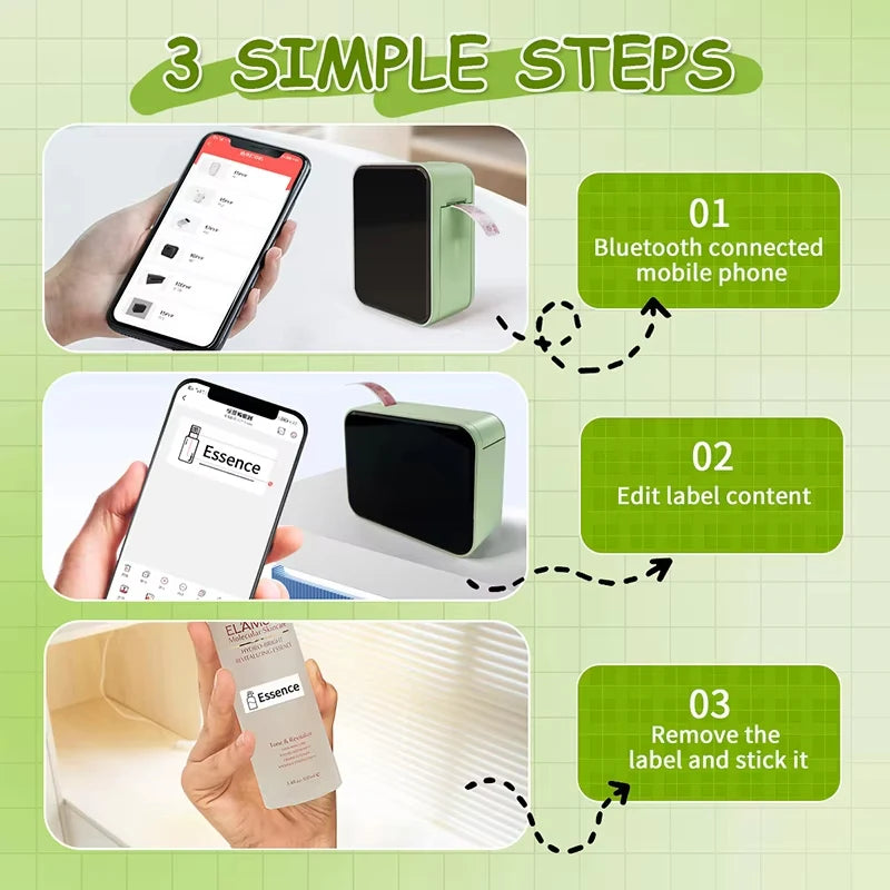 Three-step process for using a Bluetooth connected mobile phone to edit and apply labels, with a green background.