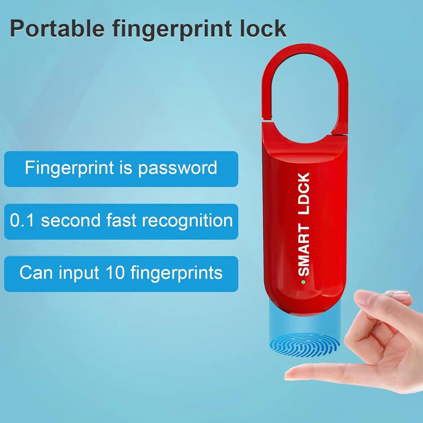 Red portable fingerprint lock with text on a blue background