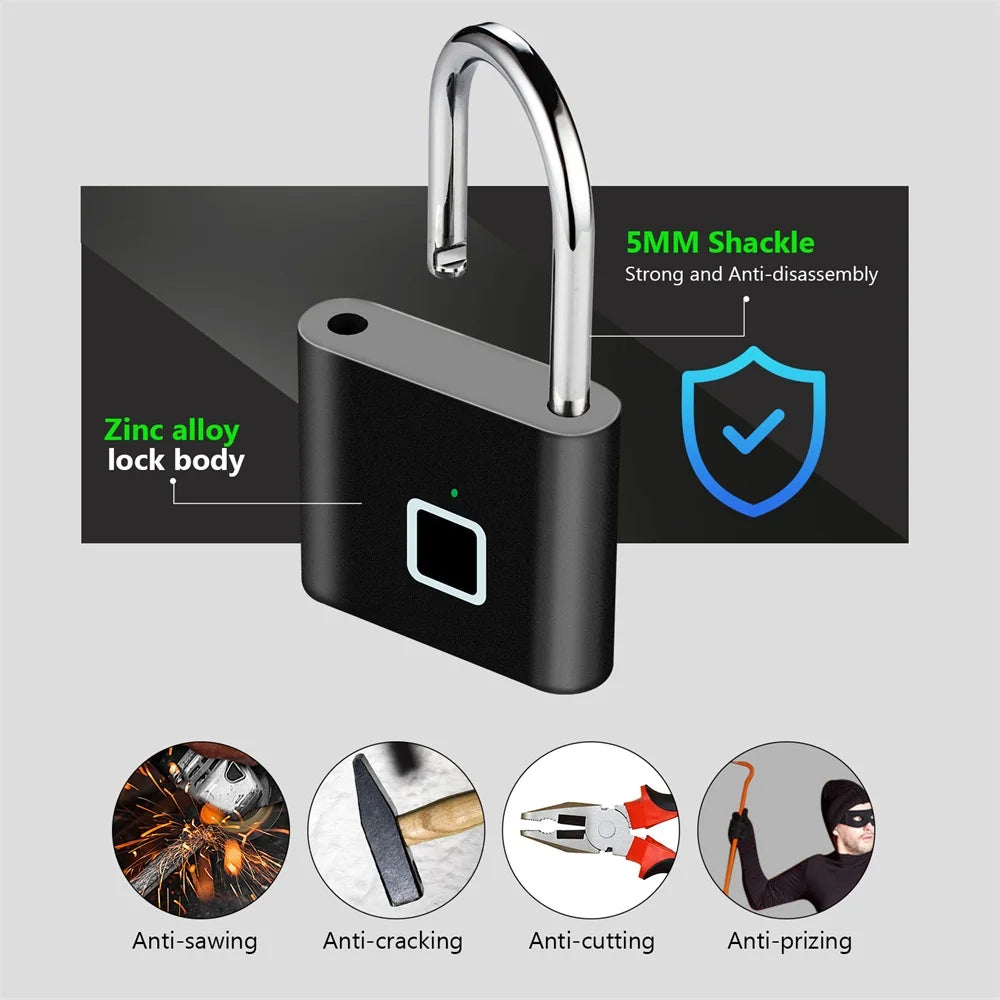 Black fingerprint lock with features highlighted on a gray background