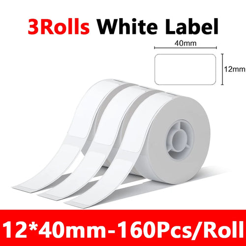 Three rolls of white labels with dimensions and quantity information on a white background