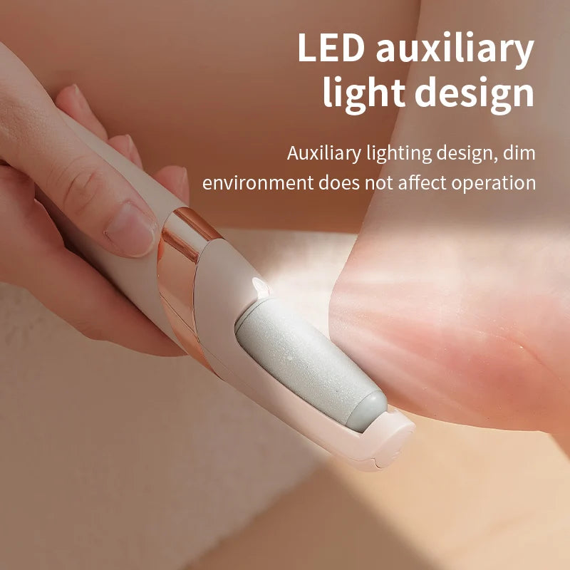 Hand holding a device with an LED auxiliary light, text indicating it works in dim environments.