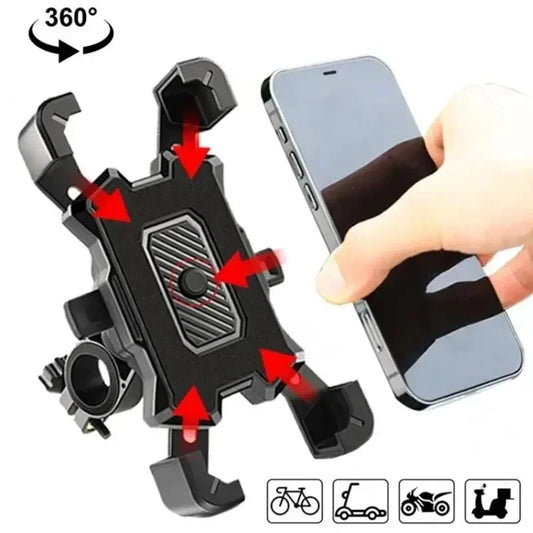 Phone holder with 360-degree rotation feature and smartphone attachment on a white background