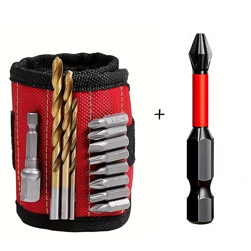 Red tool belt with drill bits and a separate screwdriver bit on a white background