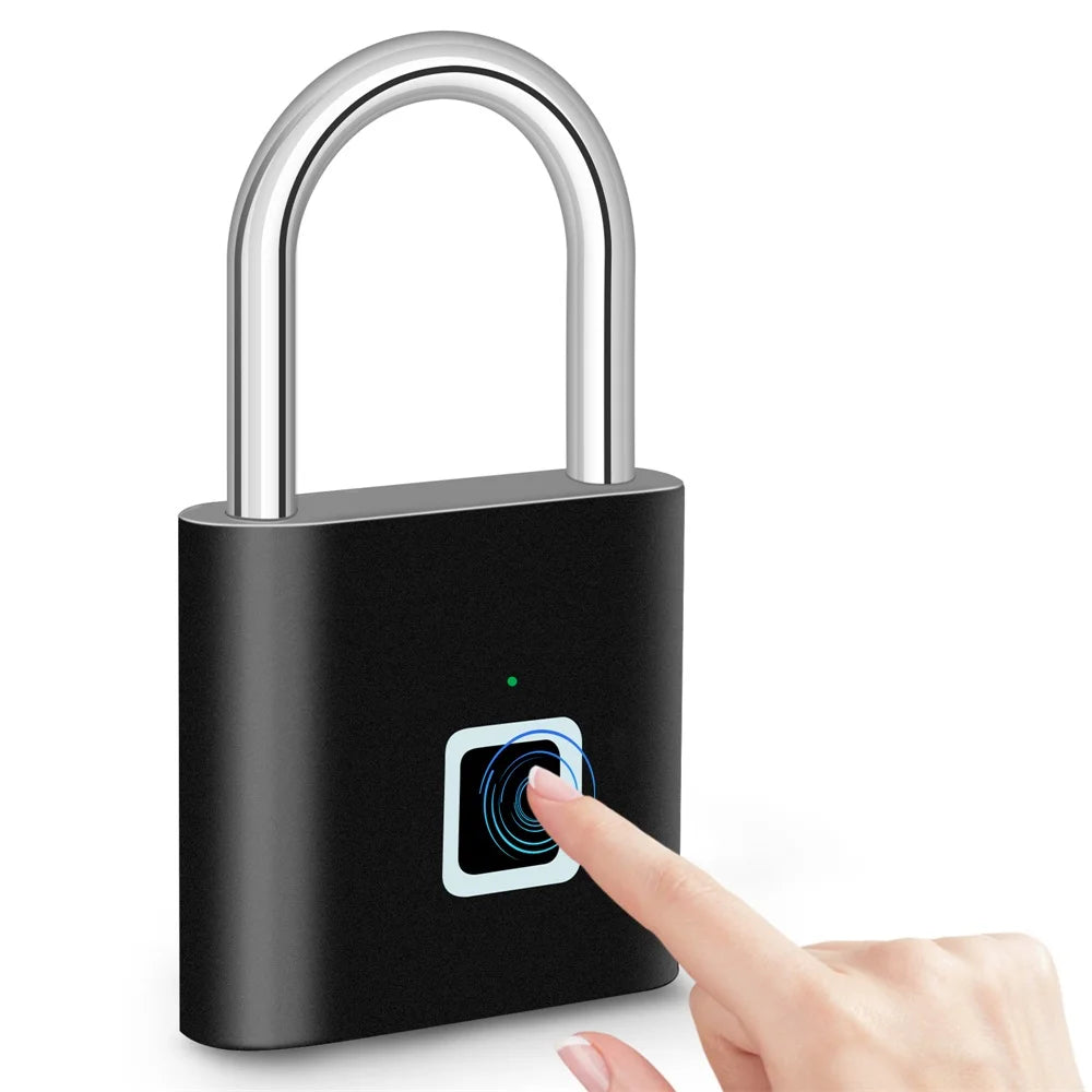 Fingerprint lock with a hand pressing the sensor on a white background