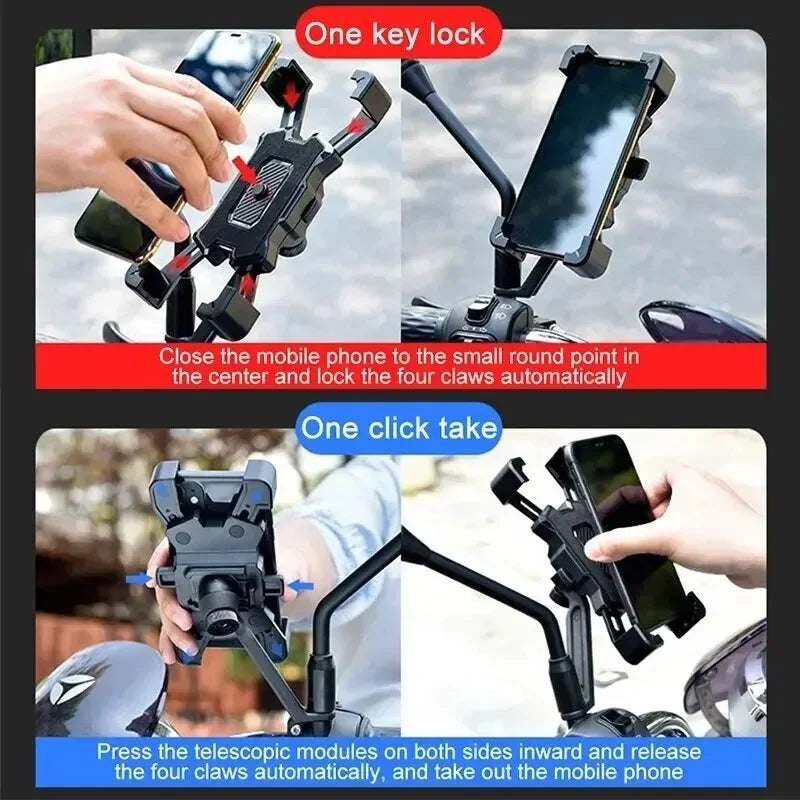 Motorcycle phone holder with one-key lock and telescopic design, shown in use.