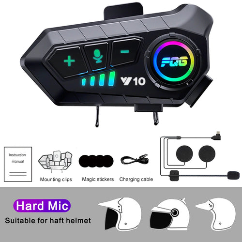 Motorcycle helmet intercom with FQG branding and additional accessories on a white background