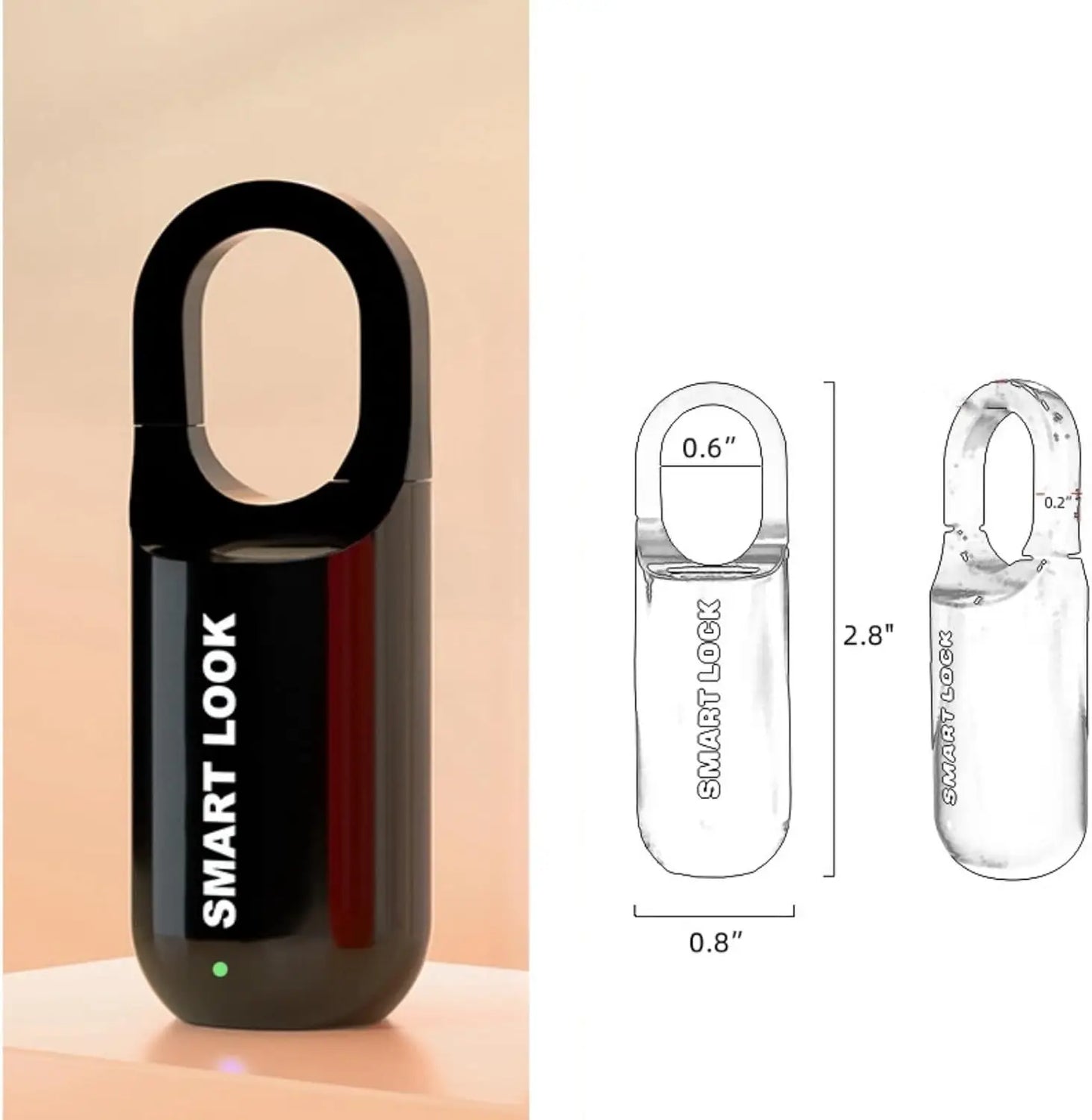 Black 'SMART LOOK' keychain lock with a clear illustration of its dimensions on a white background.