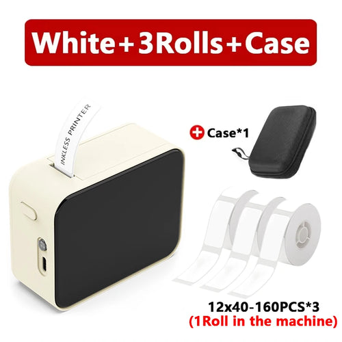 Wireless printer with three rolls of paper and a case on a white background.